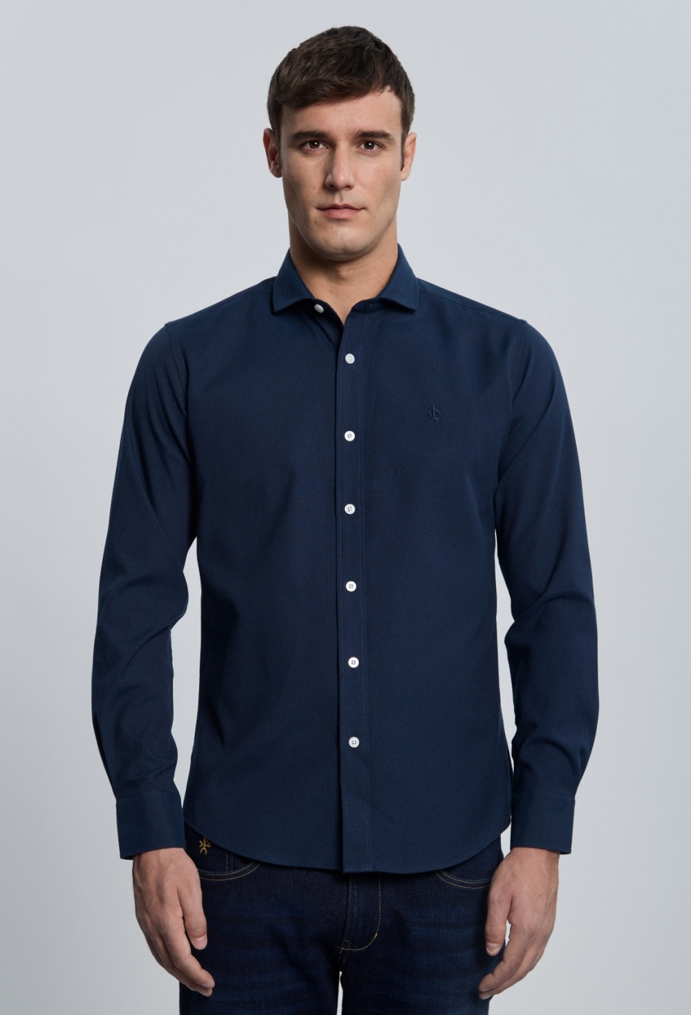camisas - Camisa Oxford azul marino cuello italiano I25H-6344-AZM
