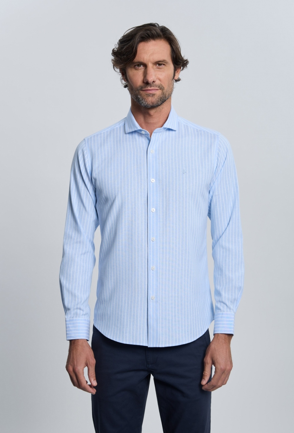 Camisa Oxford rayas celeste cuello italiano - Valecuatro