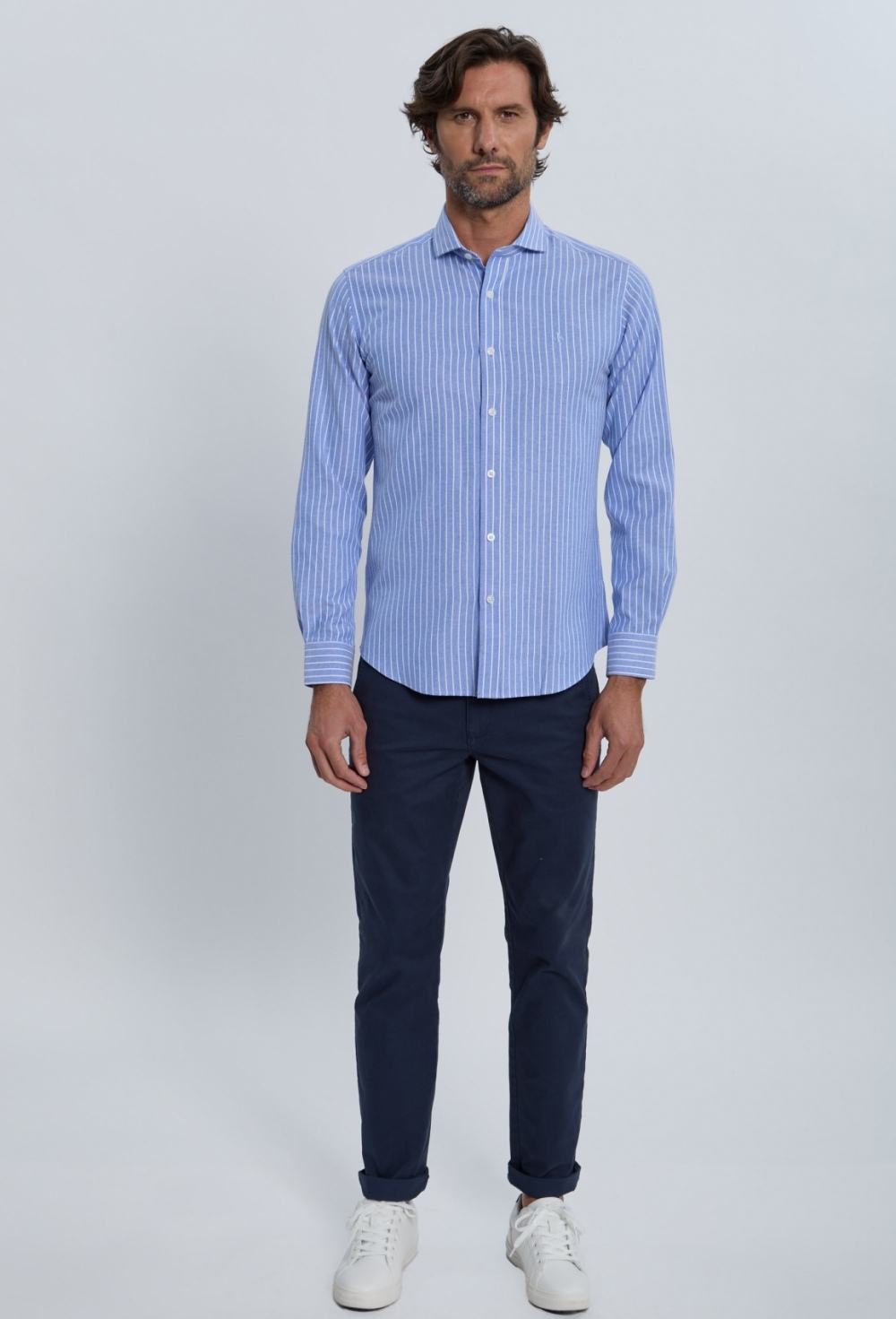 Camisa Oxford rayas azul marino cuello italiano - Valecuatro - camisas