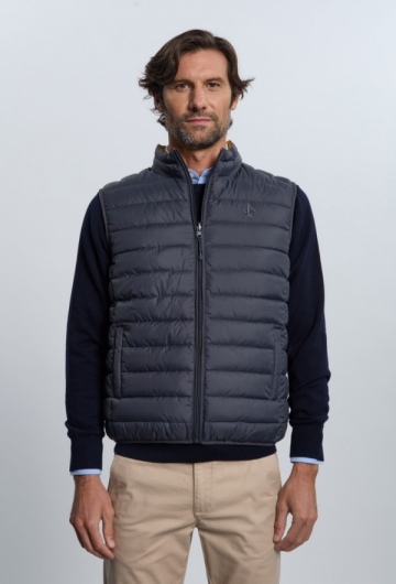 Chaleco acolchado reversible gris con amarillo